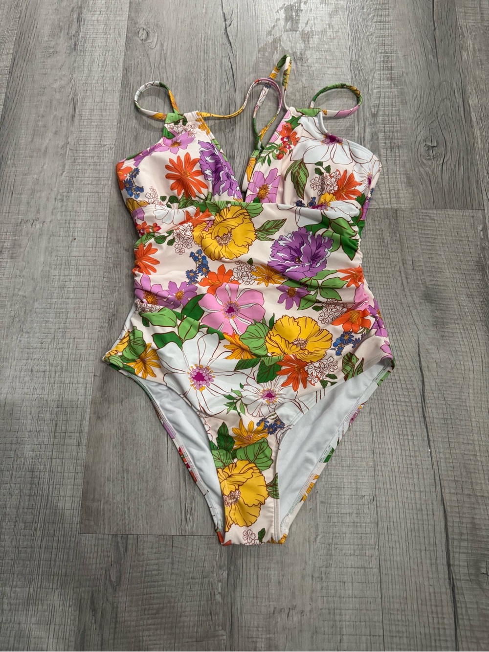 Floral One-Piece Swimsuit - White with Multi-Color Flowers